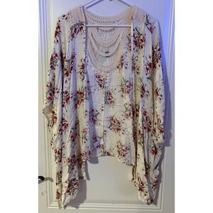 Oddy M/L Cream Floral Crochet Neck Cardigan Boho Flowy Lightweight Cover Up